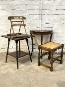 A mixed lot to include a Reprodux demi-lune side table, together with an oak stool with cane seat,