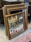 Three modern gilt frames (largest 81cm x 96cm) together with an Arts and Crafts style mirror (73cm x