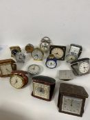 A collection of travelling alarm clocks, including those by Westclox, Oris, Looping, Jonelle etc. (