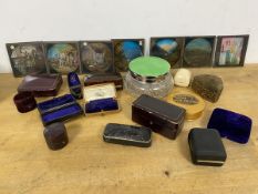 A mixed lot including a group of seven magic lantern slides, a group of vintage jewellery boxes,