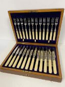 A cutlery canteen with a set of twelve fruit knives and forks with bone handles (6cm x 32cm x 24cm)