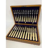 A cutlery canteen with a set of twelve fruit knives and forks with bone handles (6cm x 32cm x 24cm)