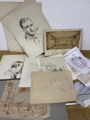 A folio of assorted sketches, including a set of four pen and ink drawings by Francois d'Albignac,