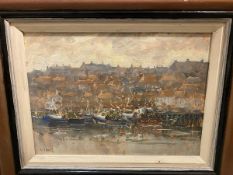 Michael Pybus, Harbour Scene, possibly Whitby, oil, signed bottom left, paper label verso, ex