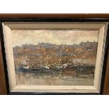 Michael Pybus, Harbour Scene, possibly Whitby, oil, signed bottom left, paper label verso, ex