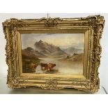 19thc school, Highland Cattle by a Loch, oil (40cm x 61cm)