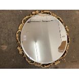 A circular wall mirror with bevelled edge within a parcel gilt scrolling leaf pierced frame, with