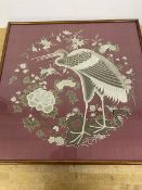 A Chinese embroidered textile panel depicting a Heron and Butterfly amongst Foliage (45cm x 45cm)