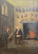 English Naive School, 19th Century, A Parson by a Roaring Fire, oil on panel, unsigned, framed. 72cm