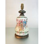 A Chinese famille rose porcelain jar mounted as a table lamp, the vase of shaped double gourd