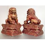 A pair of large composition models of Chinese Buddhistic lions, decorated in red and gilt, each in