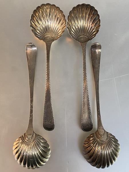 A set of four George III silver ladles, two clearly marked for Thomas Chawner, London 1774, the