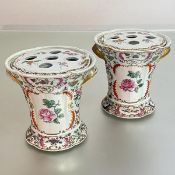 A pair of Chinese Export famille rose bough pots and covers, probably Qianlong period, each