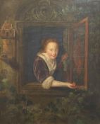 Northern Italian School, 18th Century, Girl at an Open Window, Holding Grapes, oil on panel, framed,