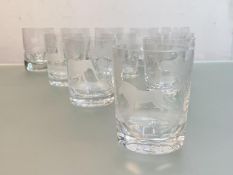 A set of six "Safari" engraved glass whisky tumblers, probably Rowland Ward, each with a differing