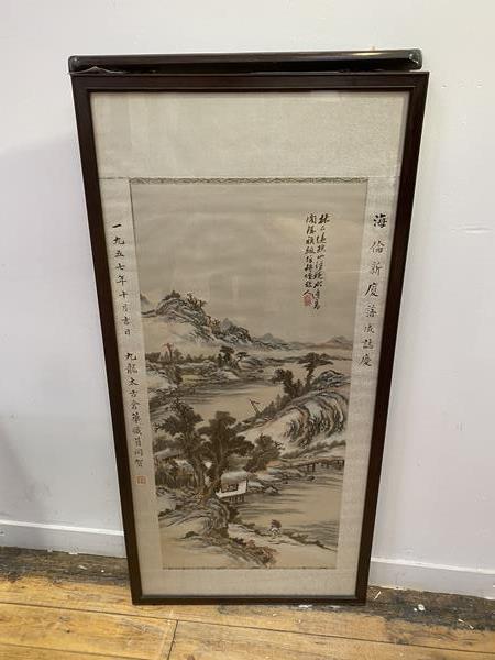 A large Chinese embroidered silk panel, probably late 19th century, worked in polychrome threads