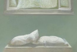 •David Tindle R.A. (British, b. 1932), Two Pillows and a Glass of Water, tempera on paper, signature