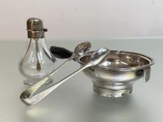 A group of Georgian and later silver tablewares comprising: a George III tea strainer, London
