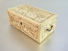 A fine Chinese Export carved ivory box, Canton, c. 1800, the rectangular box with hinged cover