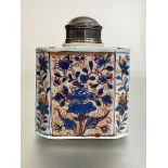 A hallmarked silver-mounted Chinese Imari porcelain tea caddy, late 18th century, the domed silver