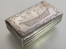 A Dutch silver snuff box, c. 1800, with bright-cut decoration of a stylised basket of flowers to the