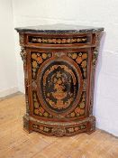 A walnut bow fronted floorstanding corner cabinet, in the French taste, with black variegated marble
