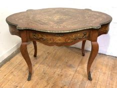 A French walnut centre table of serpentine outline, late 19th century, the quarter-sawn veneered top