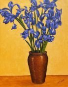 •Graham McKean (Scottish, b. 1962), "Vase with Irises", signed lower right, oil on canvas, framed.