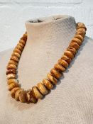 A single strand amber bead necklace, of graduated discs, with gilt-metal ball spacers, on a fish