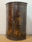 An 18th century Japanned bow fronted hanging corner cupboard, with gilt Chinoiserie and simulated