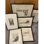 A group of etchings, various artists including titles such as The Little Market, Stonehaven and