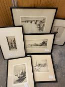A group of etchings, various artists including titles such as The Little Market, Stonehaven and
