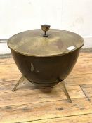 A mid century atomic style pressed metal coal scuttle, standing on three splayed supports, H36cm,