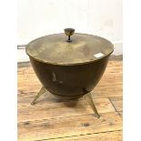 A mid century atomic style pressed metal coal scuttle, standing on three splayed supports, H36cm,