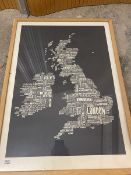 A modern print depicting the UK and Ireland formed of the various cities and towns in text,