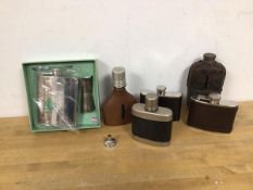 A collection of hip flasks including Edwardian flask, cup inscribed Grant's Special Whisky