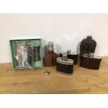 A collection of hip flasks including Edwardian flask, cup inscribed Grant's Special Whisky