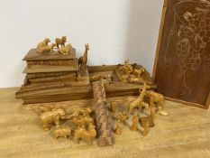 A Chinese carved model of Noah's Ark, along with a quantity of animals and figures including