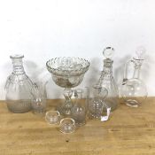 A collection of glass including two decanters, measures 28cm high with collection of stoppers, 19thc