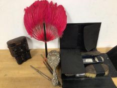 A mixed lot including a pair of opera or travelling binoculars Epns, hair brush, vanity set (a lot)