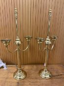 A pair of candelabra style brass table lamps each with two lamp holders on column style body measure