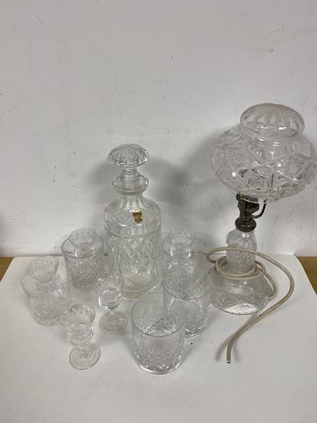 A mixed group of glass including an Irish cut glass decanter (27cm), five whisky glasses etc., and a