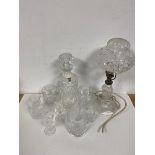 A mixed group of glass including an Irish cut glass decanter (27cm), five whisky glasses etc., and a