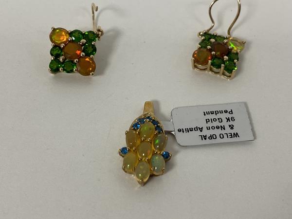 A pair of pendant 9ct gold earrings, each set cut coloured stones (each: 2cm) and a pendant for