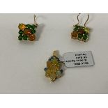 A pair of pendant 9ct gold earrings, each set cut coloured stones (each: 2cm) and a pendant for