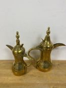 Two brass Arabic coffee pots (larger: 32cm)
