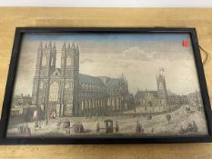 19thc print, Westminster Abbey, with multiple perforations to paper, perhaps used as an embroidery