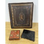 A late 19thc carved book, the front with inlay, opening to recess (42cm x 38cm x 8cm) (losses) and a