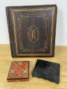 A late 19thc carved book, the front with inlay, opening to recess (42cm x 38cm x 8cm) (losses) and a