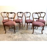 A Set of six Victorian walnut balloon back dining chairs, the crest rail carved with cartouch framed
